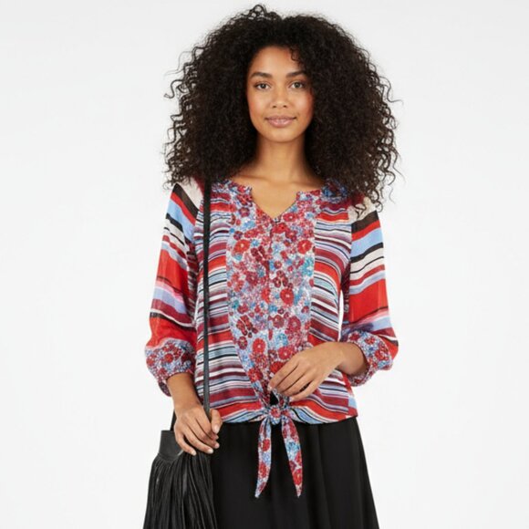 Anthropologie Figuroa & Flowers Floral & Stripes Long Sleeve Tie Waist Top New L - Picture 1 of 5